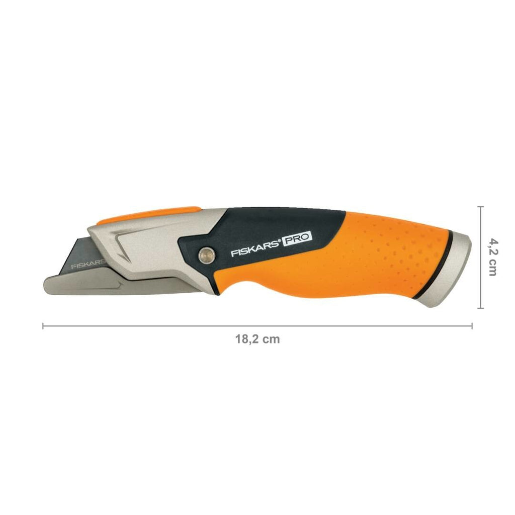 Макетен нож с фиксирано острие Fiskars Pro CarbonMax™ с оранжева ергономична дръжка и сгъваем предпазител, 18.2 cm дължина