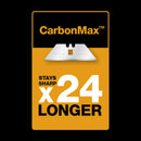 Универсален макетен нож CarbonMax™ 18 mm - картинка на острие CarbonMax™ с надпис 'stays sharp x24 longer' и жълто-черен брандиран фон
