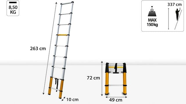 Алуминиева телескопична стълба, 2.60 метра работна височина с 9 стъпала, DRABEST TELE MAX