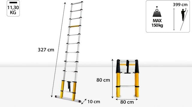 Алуминиева телескопична стълба, 3.20 метра работна височина с 11 стъпала, DRABEST TELE MAX