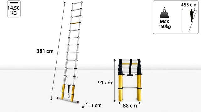 Алуминиева телескопична стълба, 3.80 метра работна височина с 13 стъпала, DRABEST TELE MAX
