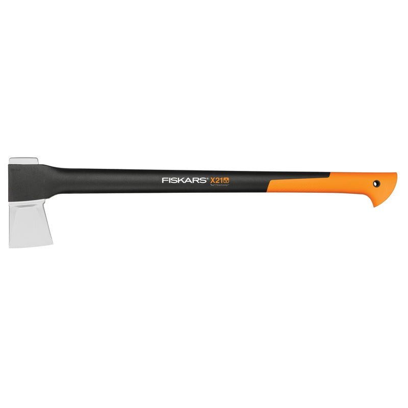 Брадва за цепене на дърва Fiskars X21 L с ярка дръжка и остра глава, идеална за цепене на средно големи трупи.