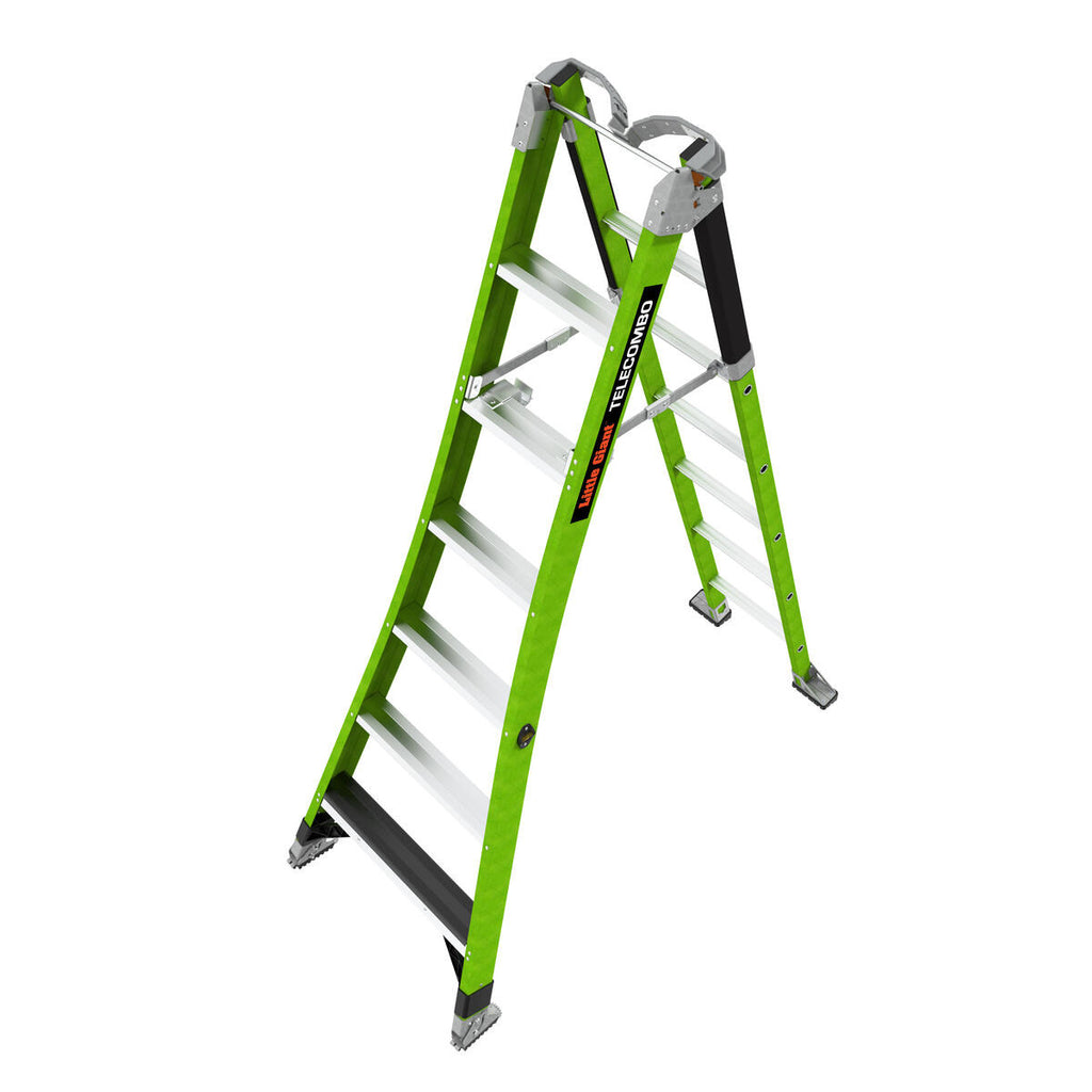 Двураменна стълба от фибростъкло 7+6 стъпала Little Giant TELECOMBO с GROUND CUE, V-bar и двупозиционни пети
