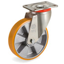 Въртящо колело на планка, полиуретанова гума, алуминиева джанта, подходящо за средно и тежко натоварване, скорост до 6 км/ч.