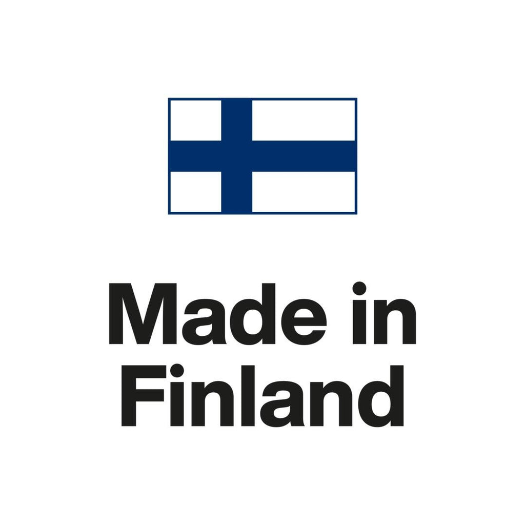 Тенджера Fiskars Functional Form 7.0 литра с марка "Made in Finland" и финско знаме, показващо произхода