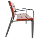 Дървена градинска пейка с метална рамка, страничен изглед, вдъхновена от испанския стил. Размери 180 x 66 x 83 см.