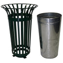 Черен кош за смет и метална кофа, произведени от висококачествени материали, с модерна градска визия.