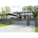 Еднокрила оградна врата AGAT в графитено сиво пред елегантна сграда.