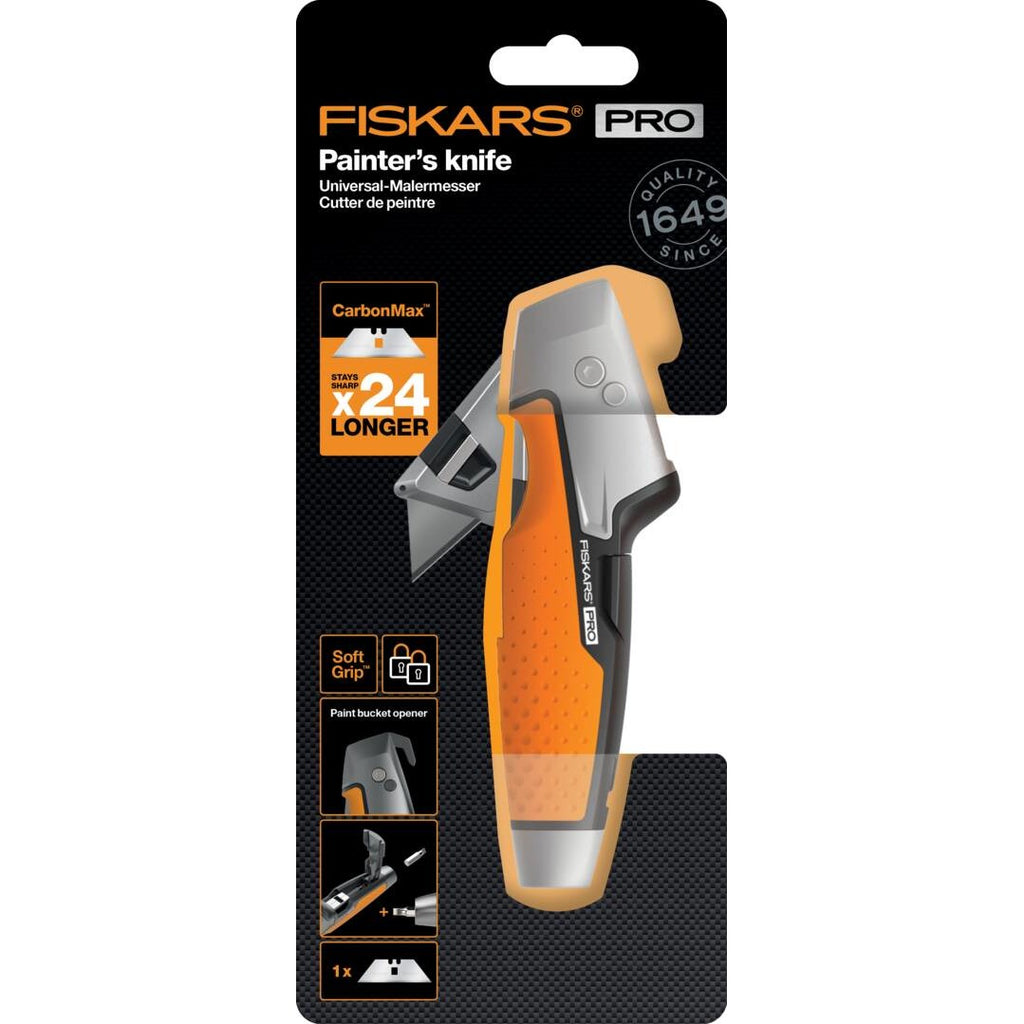 Мултифункционален бояджийски макетен нож Fiskars Pro CarbonMax™ - Цена - Продажба изображение на опакован нож с дръжка, отварачка за кофа и сгъваемо острие