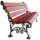 Дървена градинска пейка с чугунени елементи, идеална за почивка на открито и разговори с приятели.