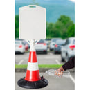 Пътен конус с табела и бутилка с вода за пълнене за стабилност на конуса.