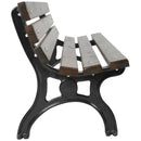 Дървена градинска пейка с черна метална основа и кафяви дъски, идеална за външна употреба.