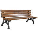 Дървена градинска пейка с метална основа, изчистен дизайн и естетика, подходяща за градини и паркове.