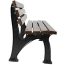 Дървена паркова пейка с черен метален каркас, удобна и елегантна за външни пространства.