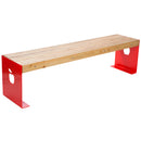 Метална пейка с дървена седалка и червени метални крака, персонализируема и стилна.