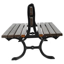 Дървена двойна пейка с черна чугунена основа и дървени седалки, практична и естетична за паркове.