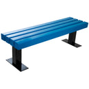 Метална пейка без облегалка в син цвят, идеална за паркове и градини, с размери 150 x 42 x 46 см.