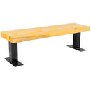 Метална пейка без облегалка с дървени сребристо-жълти седалки, идеална за паркова мебел.