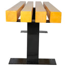 МЕТАЛНА ПЕЙКА БЕЗ ОБЛЕГАЛКА с жълти дървени сектори и черна основа, идеална за паркова мебел.