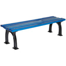 Дървена пейка с черен чугунен каркас и синя седалка, идеална за обществени и частни пространства.