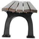 Дървена пейка с чугунена основа и извити крака, идеална за обществени и частни пространства.