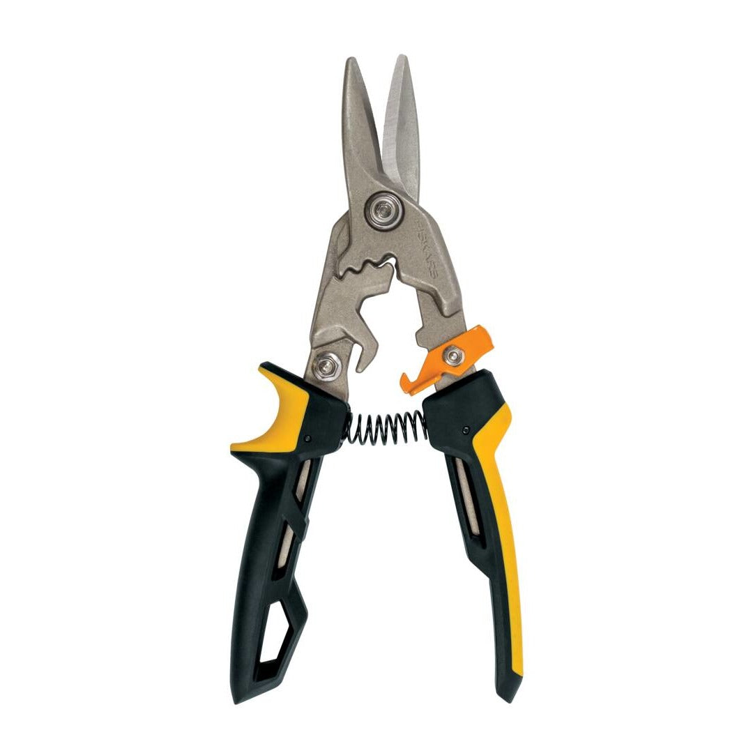 Alt Tag: Ножица за ламарина с прави остриета Fiskars PowerGear™ - Цена - Продажба, ергономична дръжка и пружина за лесно рязане на метал