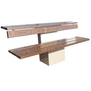 Градинска пейка с модерна визия, изработена от дърво и метал, удобна за външна употреба.