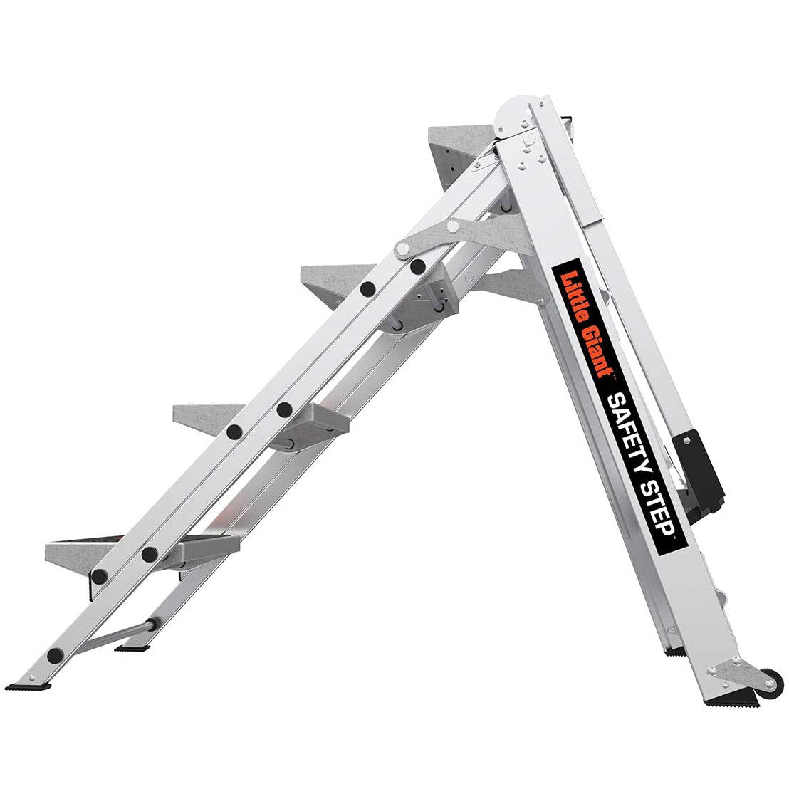 Степ стълба 4 стъпала SAFETY STEP от Малкия Гигант®, изработена от алуминий с нехлъзгащи стъпала и предпазен парапет.