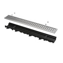 Нисък дренажен канал H-60мм с поцинкована решетка B125, демонстрация на компоненти и монтаж.