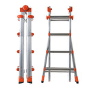 Алуминиева телескопична стълба GIERRE PEPPINA AL020, сгъната и разгъната, с червени акценти и стабилни стъпала.