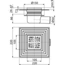 Схема на подов сифон с размери Ø150 и Ø50, подходящ за външни пространства и инвалиди.