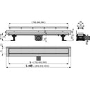 Технически чертеж на линеен сифон с вертикален фланец и размери за монтаж и дебит.