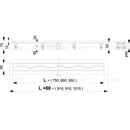 Техничен чертеж на линеен сифон AlcaPlast с размери и спецификации за монтаж и отводняване.