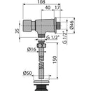 Схема на напорен кран за писоар с размери и спецификации на свързване.