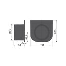 Схема на тапата за канал с преход за отводняване DN75, размери 106 x 103 x 53 мм.