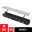 Външен дренажен канал 100мм с пластмасов ръб и профилна решетка A15, идеален за отводняване на пешеходни и велосипедни зони.