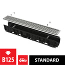 Външен дренажен канал B125 с пластмасов ръб и поцинкована решетка за автомобилни зони и тротоари.