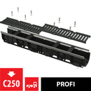 Външен дренажен канал 100мм с пластмасов ръб и чугунена решетка C250, модулна система за отводняване на паркинги и тротоари.