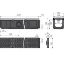 Схема на външен дренажен канал 100мм с композитна решетка и размери за монтаж и потока.