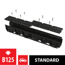 Външен дренажен канал B125 с композитна решетка, подходящ за автомобилни зони и тротоари.