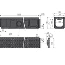 Схема и размери на външен дренажен канал 100мм с пластмасов ръб и композитна решетка B125.