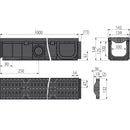Схема на външен дренажен канал 100мм с пластмасов ръб и композитна решетка A15, технически спецификации и размери.