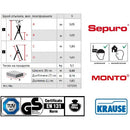 Спецификации и лого на алуминиева стълба KRAUSE Sepuro 4+1 с данни за размери и сертификати.