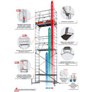 Схема на модулно мобилно скеле KRAUSE ClimTec с детайли за работа и функции при височина до 3 метра.