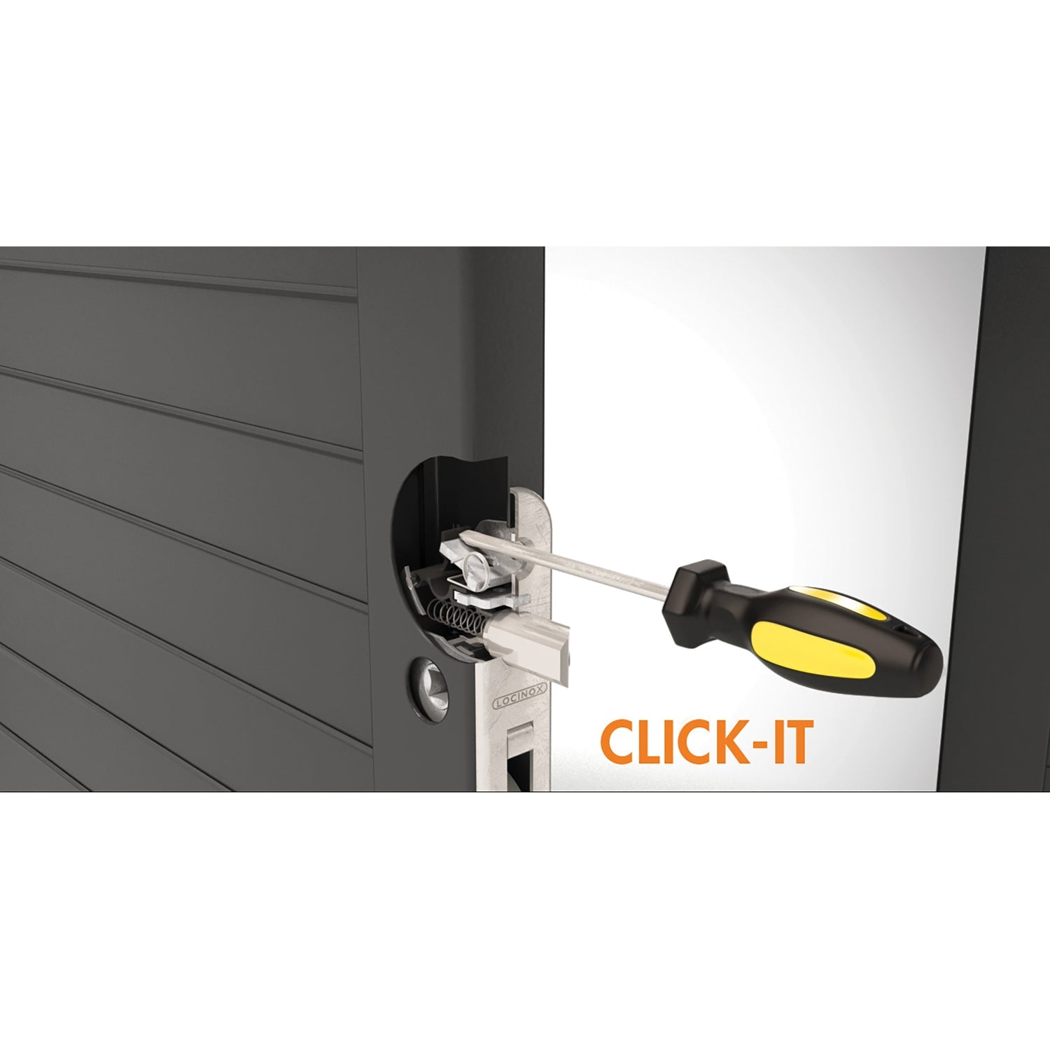 Инсталиране на брава Fortylock с отвертка, показваща заключваща система CLICK-IT.
