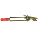 Инструмент за кофражни клеми с червена дръжка и метална структура, предназначен за пружинно затягане.