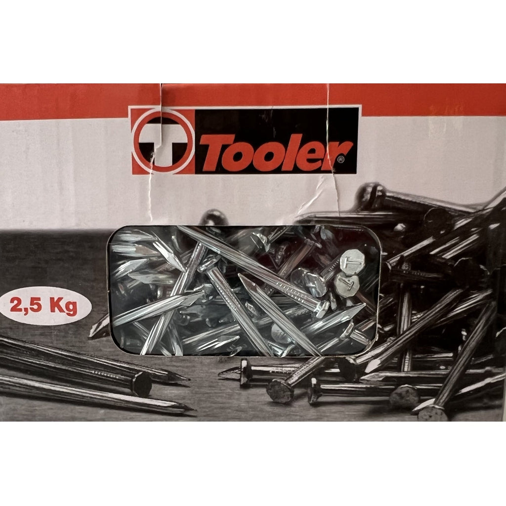 Опаковка от 2.5 кг поцинковани стоманени пирони TOOLER с плоска глава, показваща продукт в кутия.