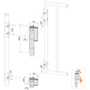 Схема с размери на самозатварящ се автомат MAMMOTH и панта DINO за врати с 180° отваряне.