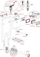 Разглобена схема на тоалетно казанче за вграждане в гипскартон с маркирани компоненти и обозначения.