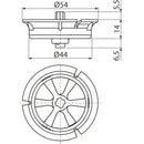 Технически чертеж на регулатор за воден поток за вградено казанче AlcaPlast с размери и спецификации.